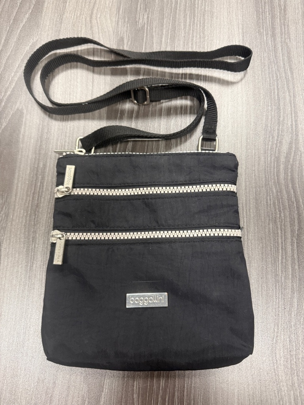 Baggallini Triple Zip Crossbody Bag Black Nylon Travel Organizer